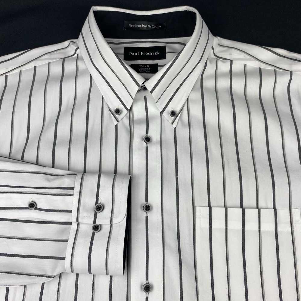 Paul Fredrick Dress Shirt Mens 17.5-36 White w/Black Pinstripes Classic Fit